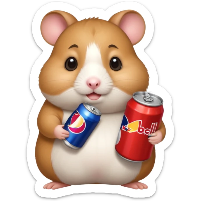 Funny cartoon-style fat hamster wide eyed with a can of redbull sticker