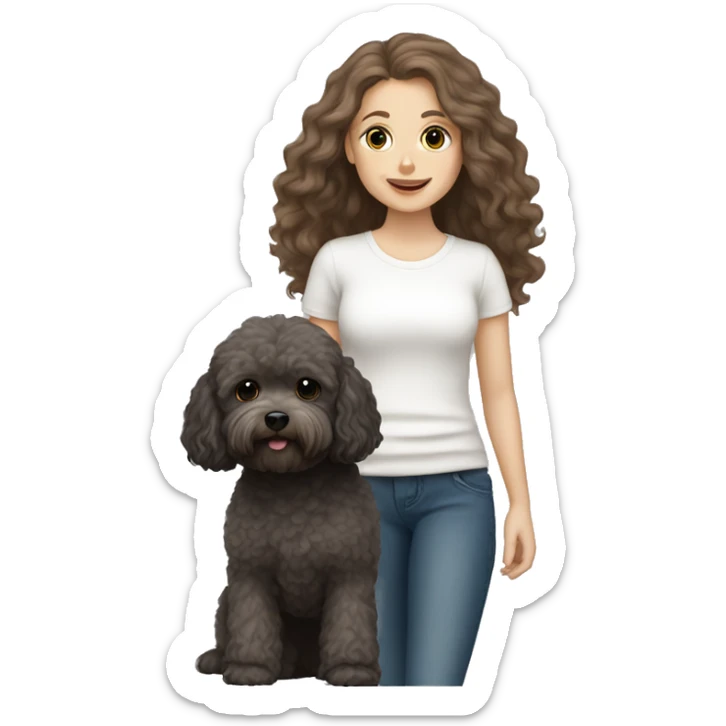 White Girl with brown long hair holding a dark gray maltipoo sticker