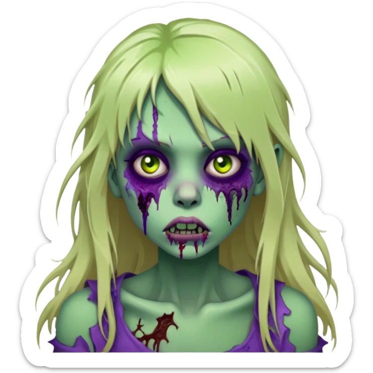 undead zombie girl with rotting green skin, purple bruises, messy long blonde hair with bangs, cracked lips sticker