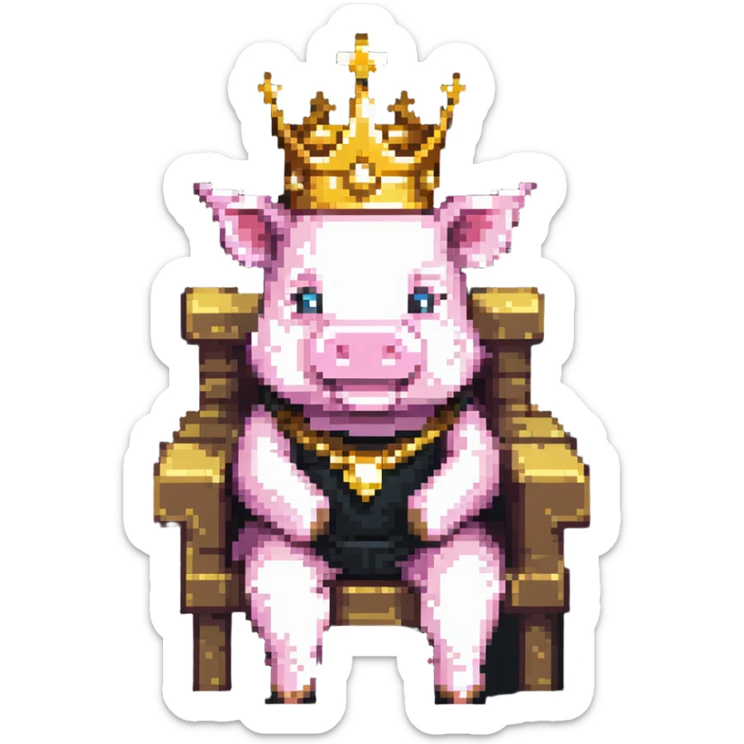 cartoon-like pixel art pig with a golden crown sitting on a throne, blocky and square like Minecraft, playful and expressive sticker