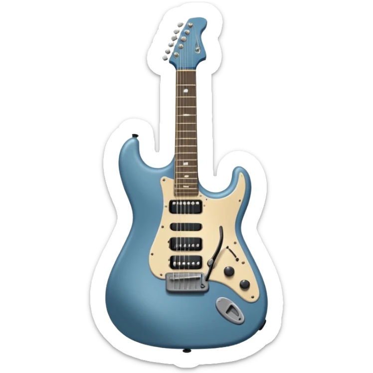 A gray-blue electric guitar with a black pick guard and only one volume knob, make the head tan sticker