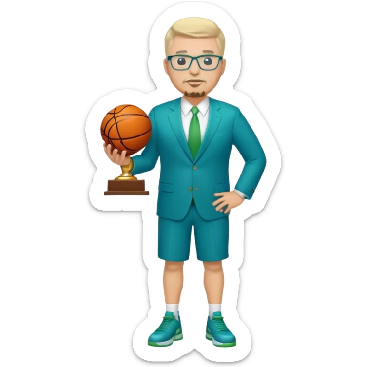 Full Body white fat male  wearing glasses with a goatee with light blonde gray very short hair basketball head Coach in blue and green suit holding trophy sticker