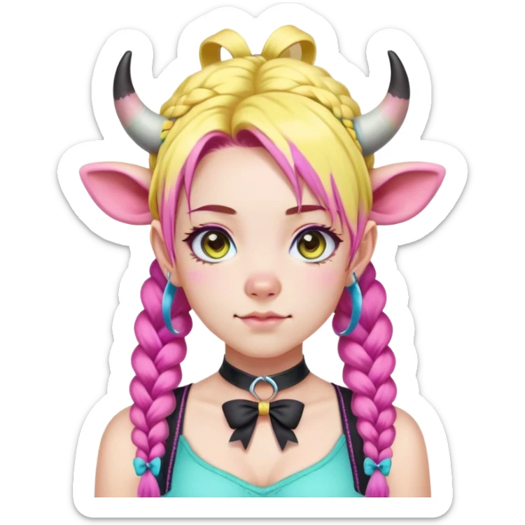 En anime-ku-jente med to rosa lange tykke fletter og cyan striper i håret, ku-horn og ku-ører, sort BH-topp over en gul cropped-fleece-blouse, lilla øyne, søt sløyfe på halsen  sticker