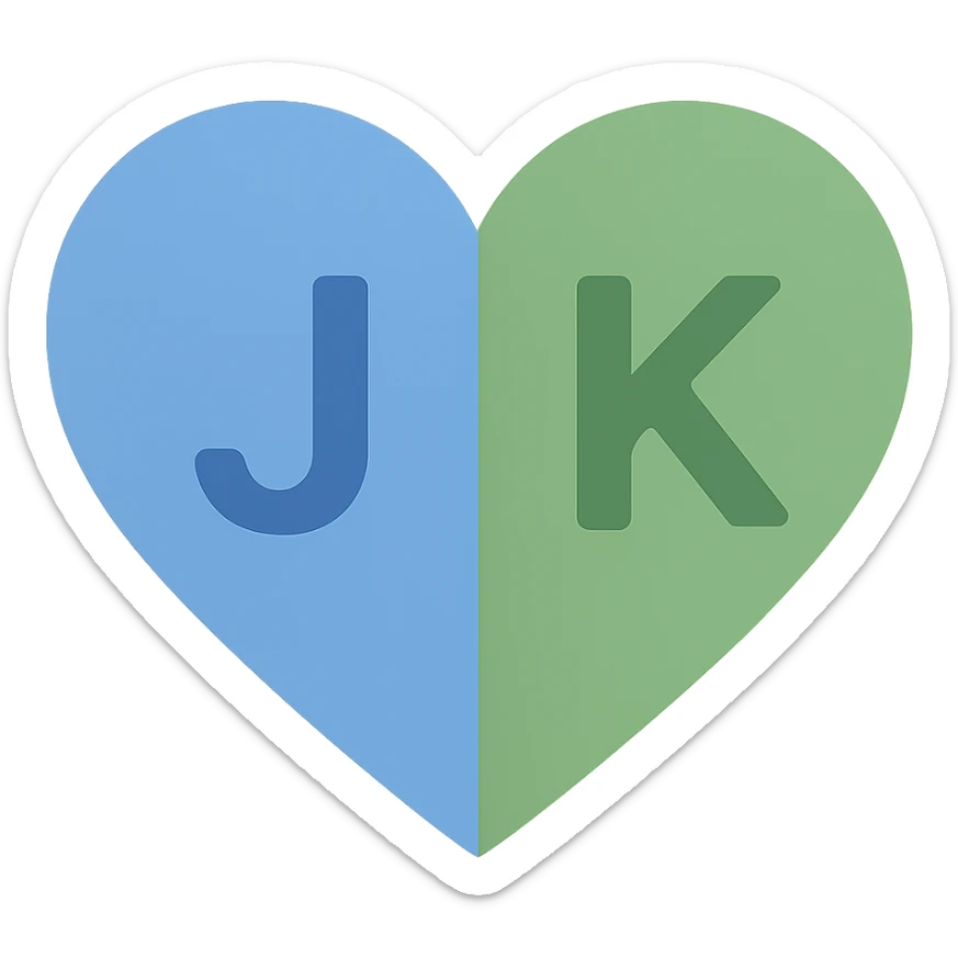 In the blue and green heart, place the letter J on the blue part and the letter K on the green part, maintaining a colorful icon style with a transparent background. sticker