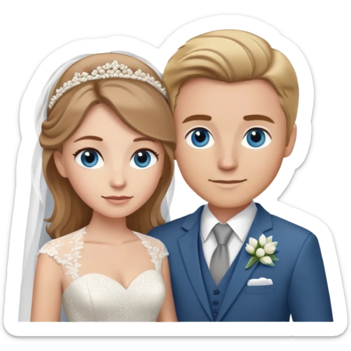 portrait of a bride with light brown hair and grey-blue eyes, and a groom with blonde hair, blue eyes, wearing a brown suit sticker