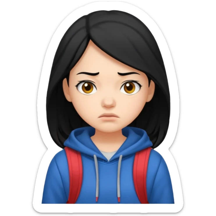 college student with annoyed face , black hair , with hoodie and backpack , girl sticker