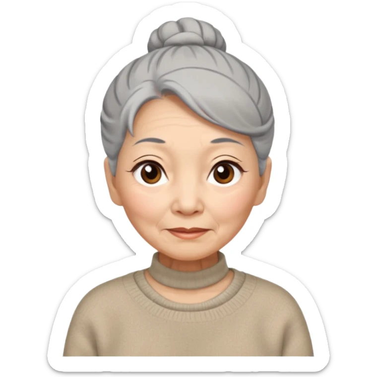 Elderly Chinese woman with gray hair tied in a bun, brown eyes with wise expression lines, wearing a beige wool sweater sticker