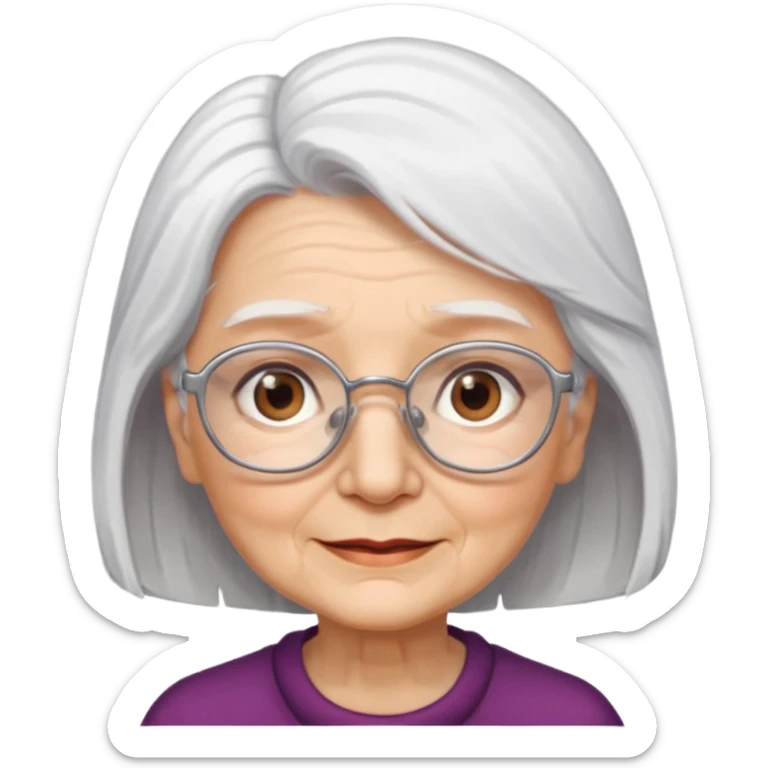 Create me emoji of an old lady. mid-size white hair to left side. Square glasses. Brown eyes. sticker