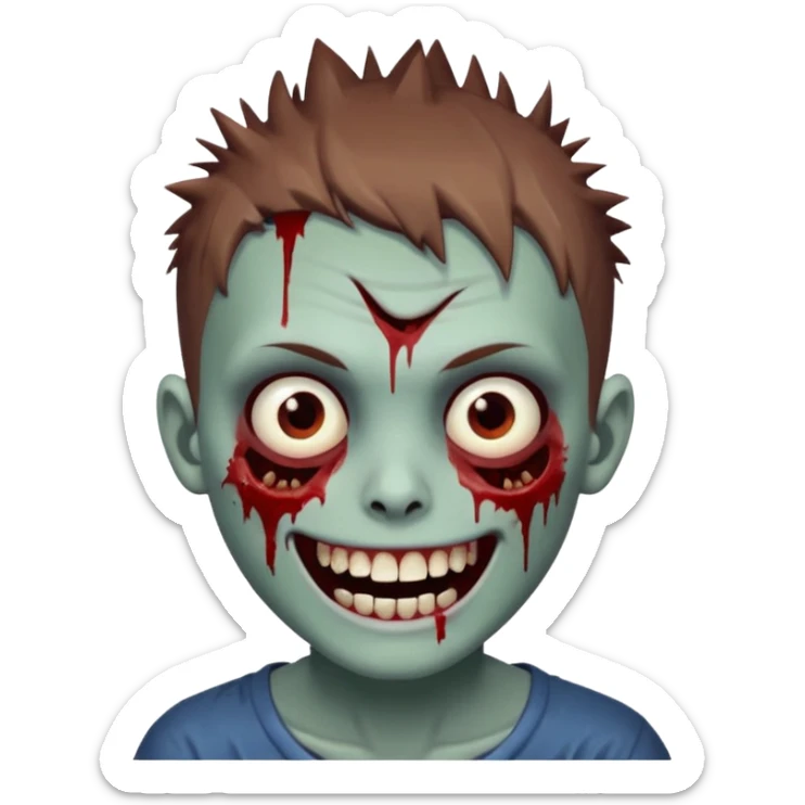 zombie boy with brown short spiky hair, white skin, and white eyes; an open smile, and bloodied teeth; sticker