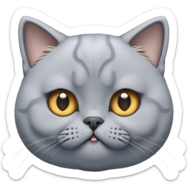 Cinematic Cute Bored Grey British Shorthair Cat Portrait Emoji, Head tilted slightly with a scrunched, bored expression, sleek soft grey fur with subtle blue undertones, Simplified yet adorable features, highly detailed, glowing with a soft, friendly glow, high shine, curious but clearly uninterested, stylized with a touch of whimsy, soft glowing outline, capturing the essence of a bored yet irresistibly cute kitty, so endearing it feels like it could tilt its head and let out a dramatic sigh at any moment! sticker