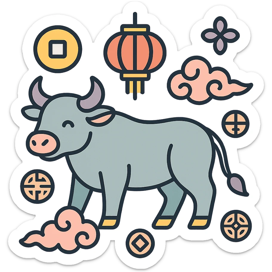 ox, symbol of the year in feng shui, Chinese style, thin clean outlines, soft rounded shapes, pastel palette #98B5BC, #B5B3C1, #C9A3C9, #E4C0CA, #F7DCD1, #F7C0AA, modern Japanese pop art and sticker aesthetics, detailed shadows and highlights, soft lighting, transparent background, with Chinese decor (coins, lanterns, clouds, patterns) sticker