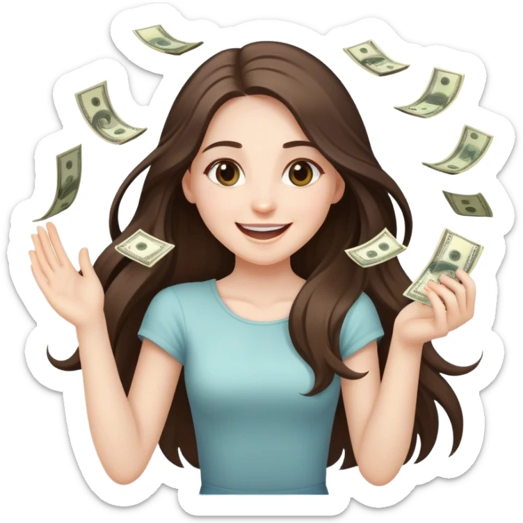 happy beautiful pale brunette girl with long hair throwing money sticker