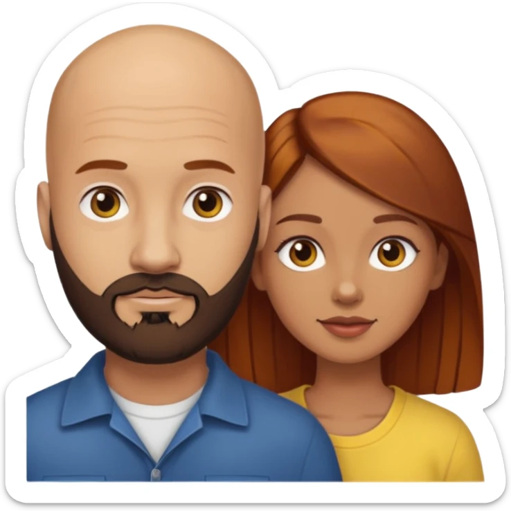 Couple. A bald man with dark brown beard and a girl with light skin. She has dark yellow brown auburn hair. sticker