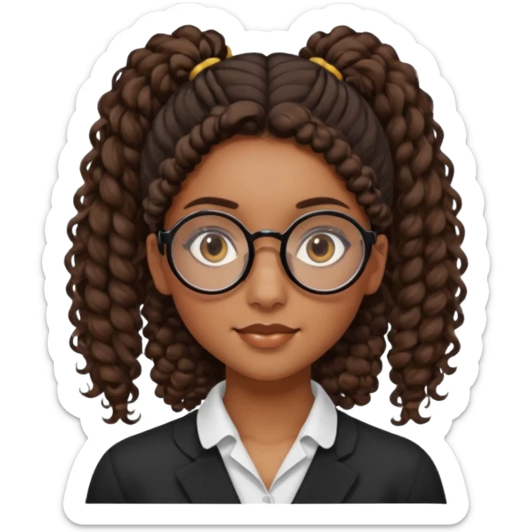 chica morena de ojos claros con gafas negras exagonales redondeadas. y pelo rizado castaño con todo el pelo recogido en una coleta .. Con todo el pelo recogido un clen look solamente una coleta tiene 16 años. hazlo como la segunda imagen pero sin el moño sticker