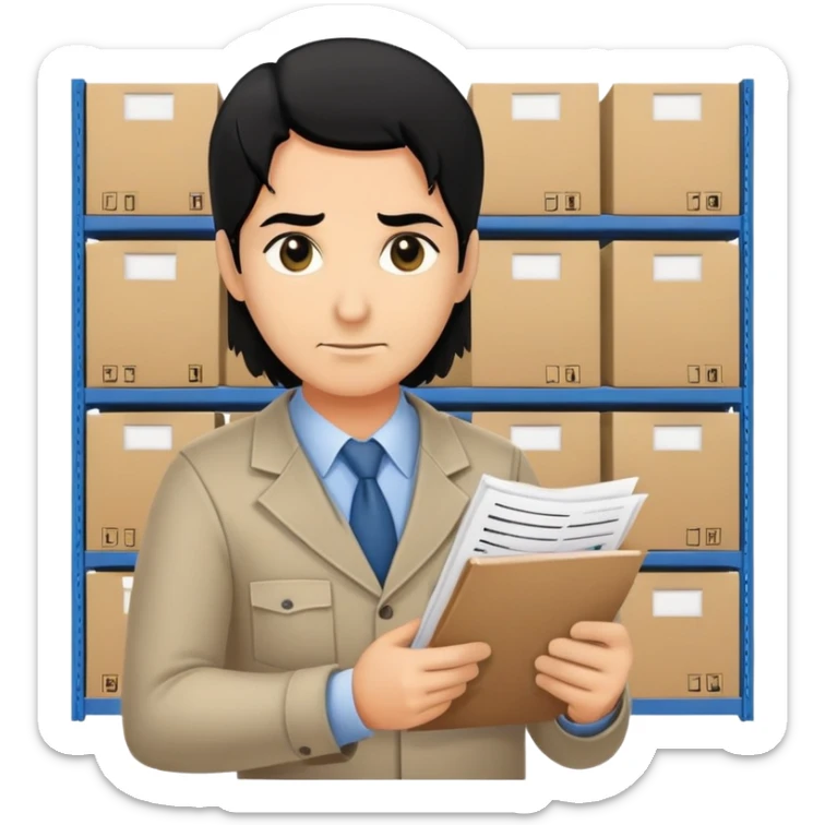 A middle-aged warehouse manager with black eyes and black hair, holding an inventory list. sticker