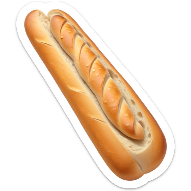 Cinematic Realistic Baguette Bread Emoji, showcasing a long, crusty baguette with a crisp exterior and soft interior rendered with lifelike textures and warm, rustic lighting. sticker