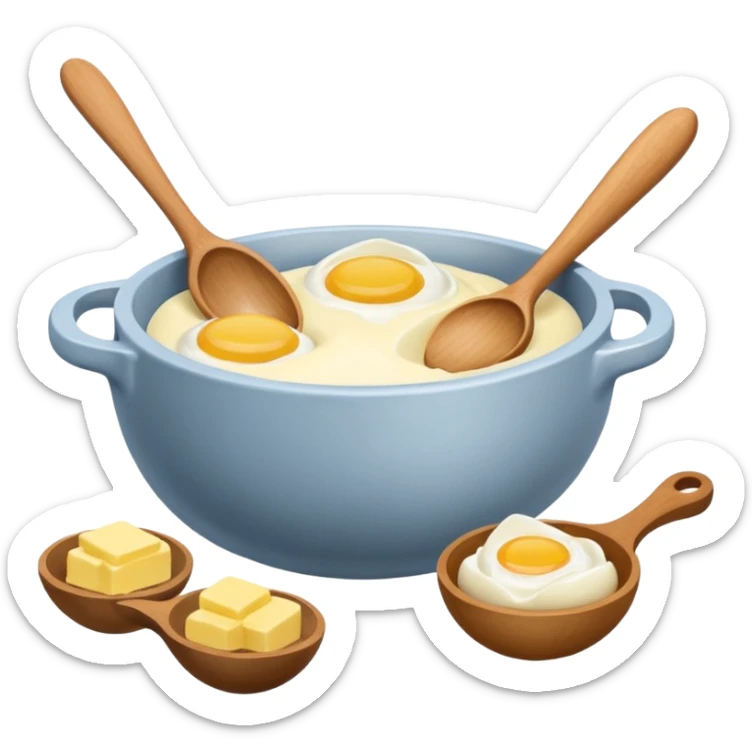 A cream ceramic baking bowl with a wooden spoon in it, next to it is a carton of eggs and butter sticker