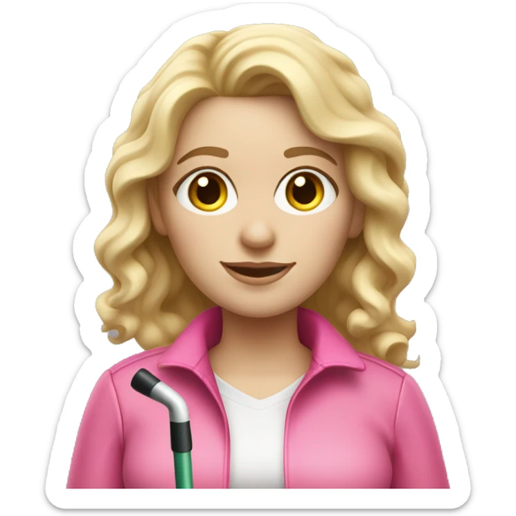 Blonde hair woman , wavy hair, white skin , pink outfit , holding a white cane for the blind sticker