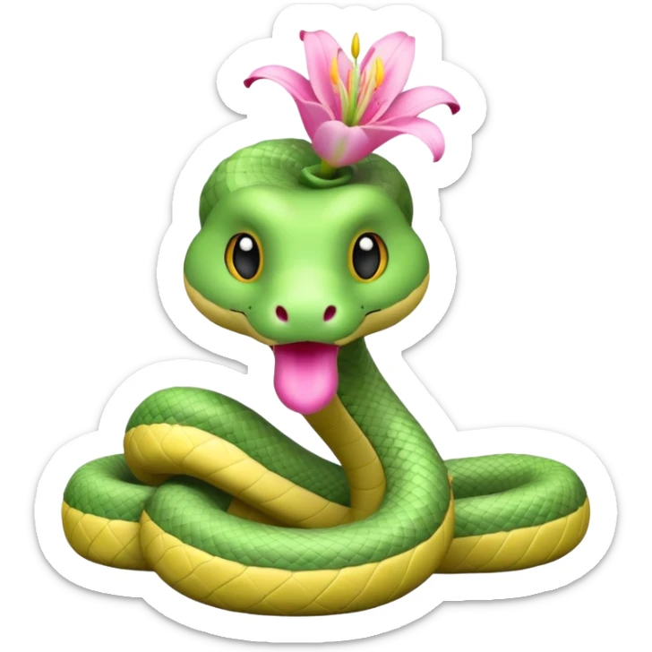 A cute, kind, furry snake doll
with a light green and white body
with a pink lily flower on its head
(no stinger in its mouth) sticker