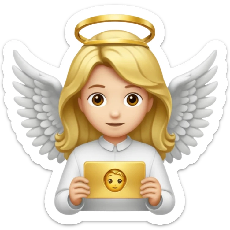 "Um emoji de anjo com cabelos loiros, um halo, asas, segurando um sinal de 'compartilhar' em letras em negrito." sticker