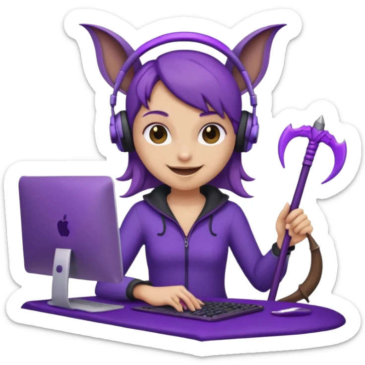 a happy purple girlie bat holding a scythe while sitting in front of her computer sticker