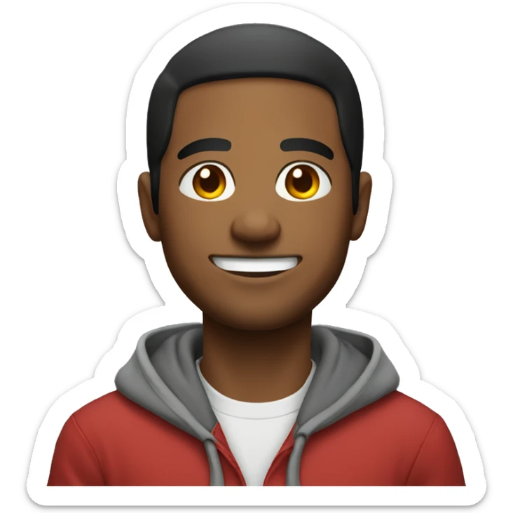 upper body shot of a man smiling and wearing a hoodie sticker