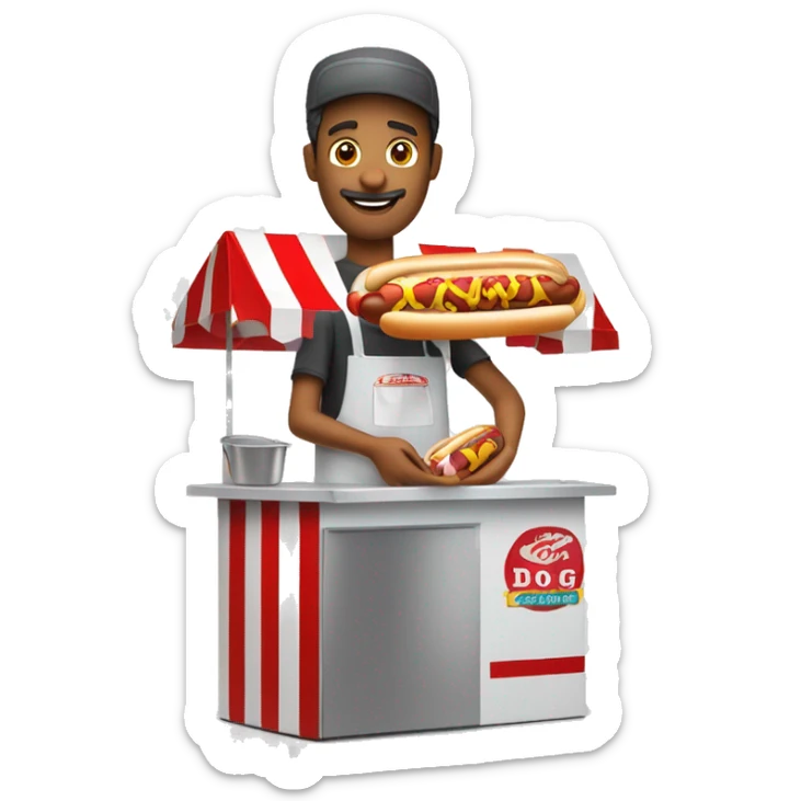 hot dog vendor holding a hot dog in his hand with a hot dog stand in the background with a white background for slack sticker