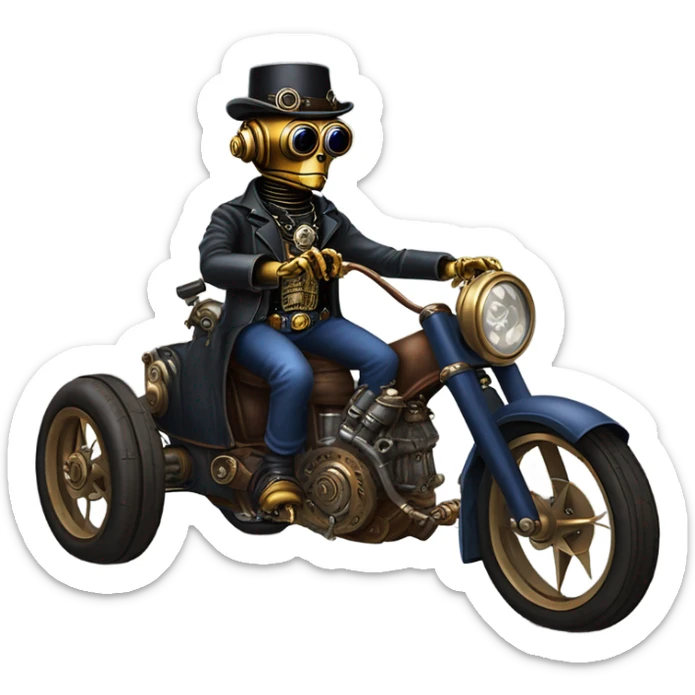 Old west Bounty hunter C-3PO wearing a pair of navy-blue rimmed steampunk goggles, hat, leather chaps, fringe jacket riding a relaxed 3 wheeler trike steampunk rat rod motorcycle in desert town  sticker