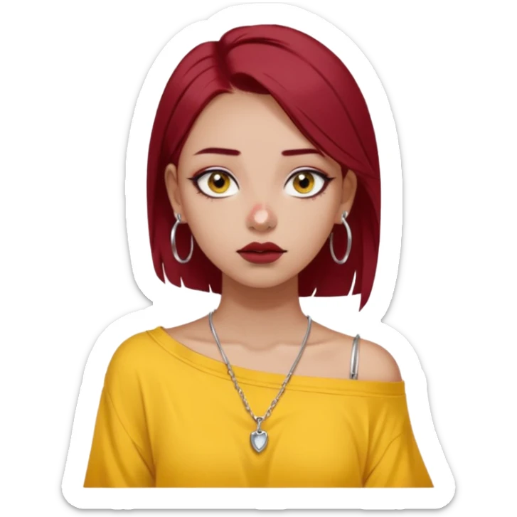 generate a pretty bratz girl with dark brown eyes. Dark red hair straight long. wearing a yellow oversized tee falling off her shoulder, dainty silver necklace, silver hoops, septum piercings. big eyeliner sticker