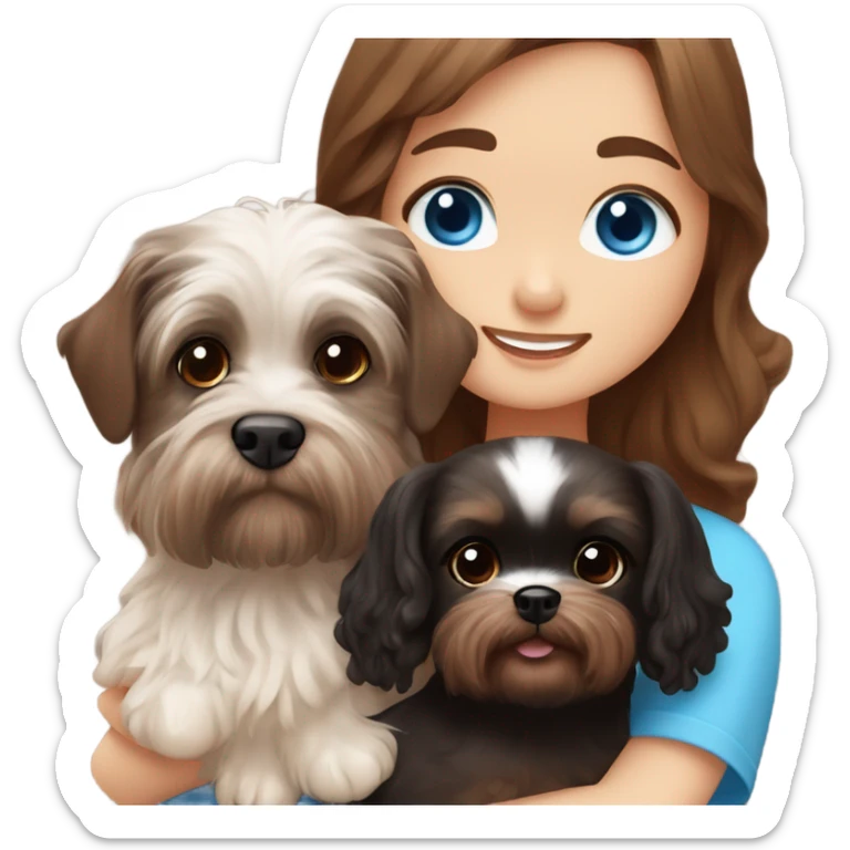 Brown long wavy hair blue eyes girl brown haired boy with blue eyes cuddling a brown dachshund and black fluffy shih tzu sticker
