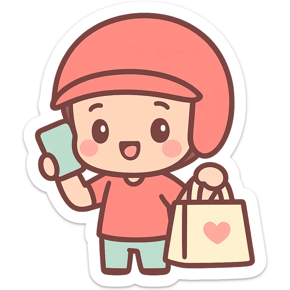 food delivery man in red, wearing red helmet, on the phone, kawaii chibi anime style, flat pastel colors, thick outlines, simple cute features, holding a food bag sticker