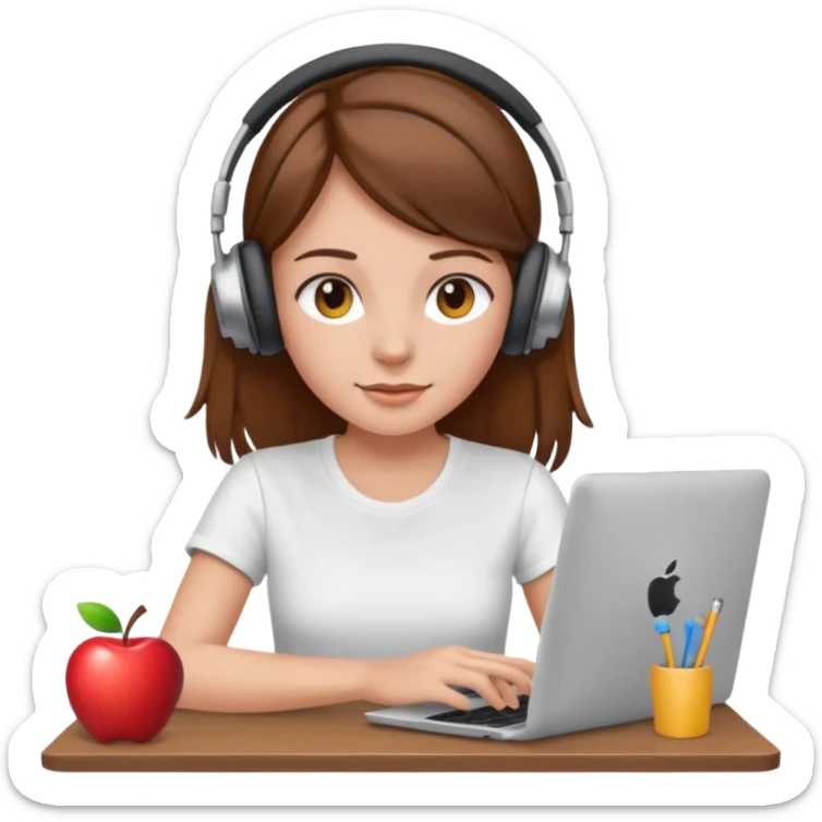 brown-haired girl wearing white t-shirt, headphones, working on computer, apple emoji style, no background, no text sticker