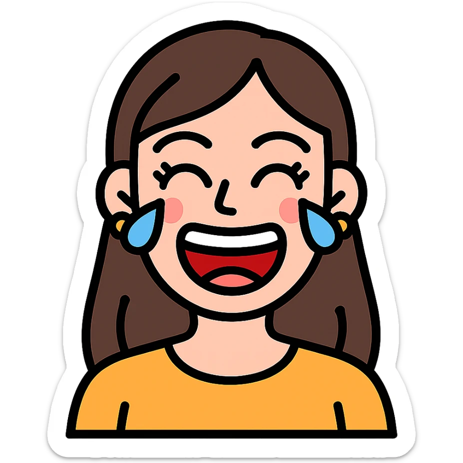 vector emoji of a woman laughing hard, eyes squeezed shut with tears, big open mouth with visible teeth and tongue, flushed cheeks, long lashes, makeup accents, bright colors, clean lines, playful and lively style sticker