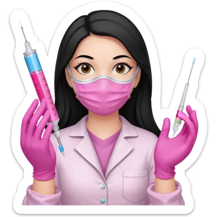laboratorista con guantes rosa y mascarilla rosa jeringa tubos sin lentes pelo lacio negro y largo sticker
