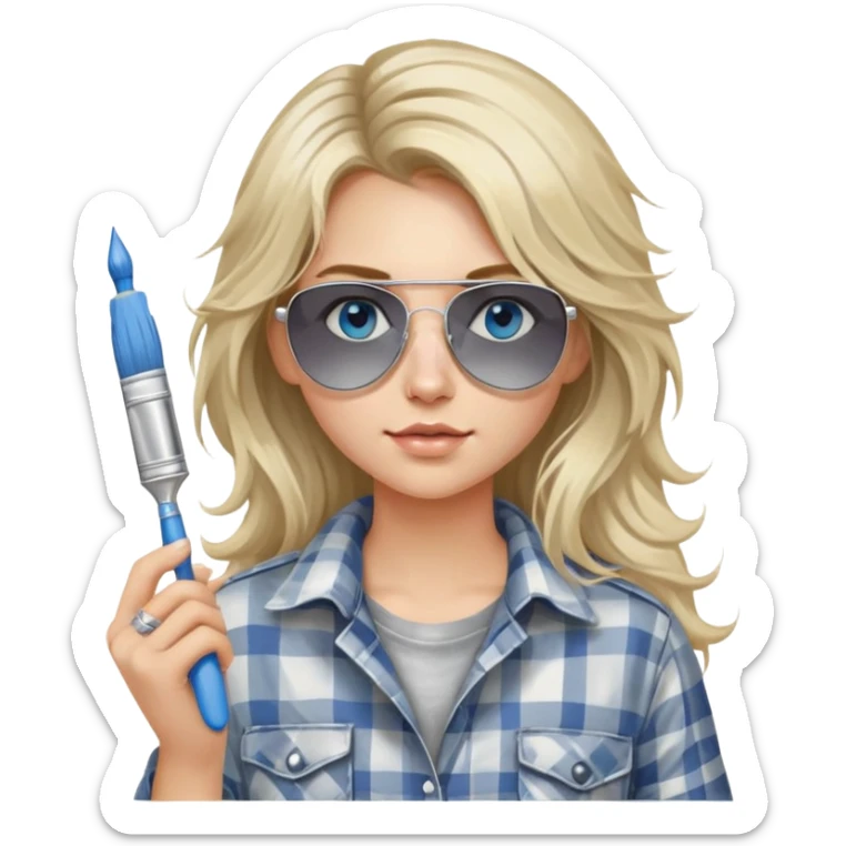 girl with long blond messy hair, white paint on her face wearing grey plaid shirt with blue eyes and aviator sunglasses wearing a ring on her silver necklace, holding a paint brush roller sticker