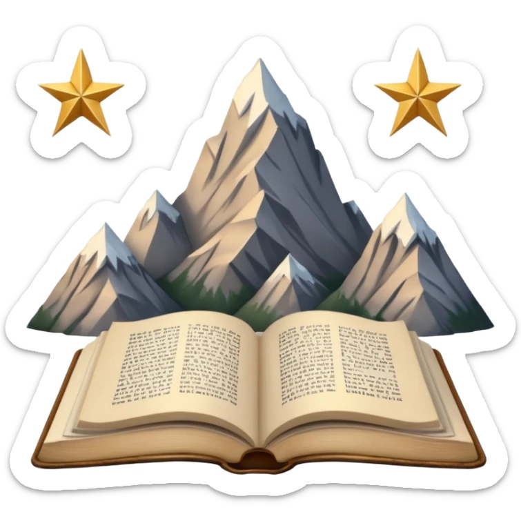three mountain peaks of gray color, above each of the peaks there is a golden star, in front of the mountain peaks there is an open book sticker