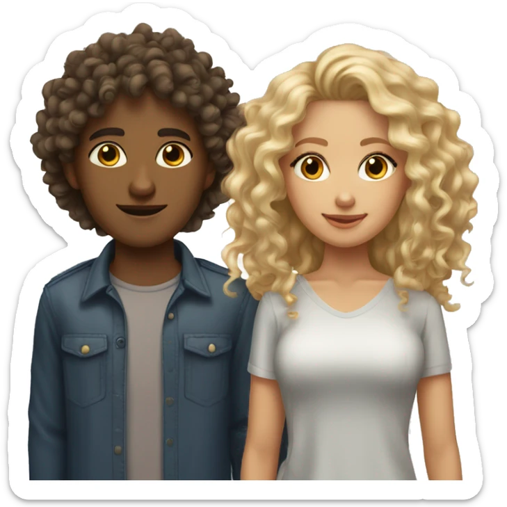 Tan skin curly hair girl with brown eyes with blonde guy with grey eyes sticker