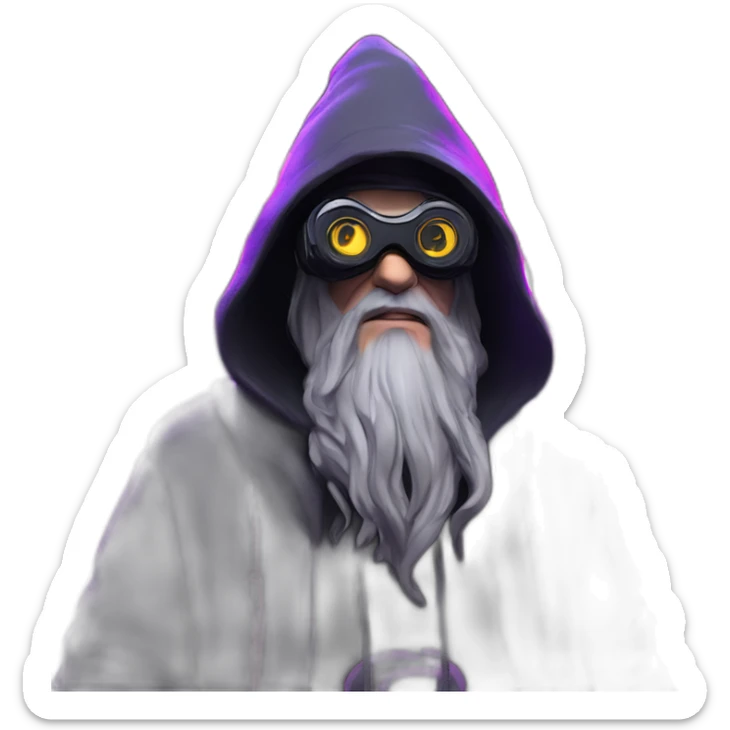 Gandalf wearing a black hoodie with "OMG" letters on it and VR headset in a cyberpunk VR environment with violet neon lighting. sticker
