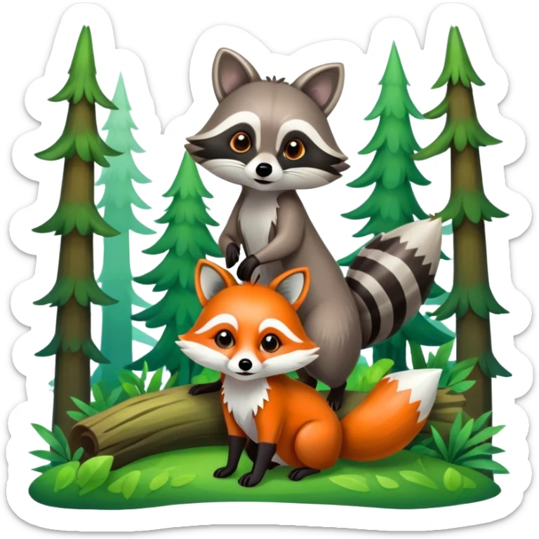 raccoon and a fox in a colorful forest with vibrant green trees, bushes and flowers. The animals are in the foreground, surrounded by a lush, bright forest, with soft sunlight filtering through the leaves. A playful and wild scene with a transparent background. sticker