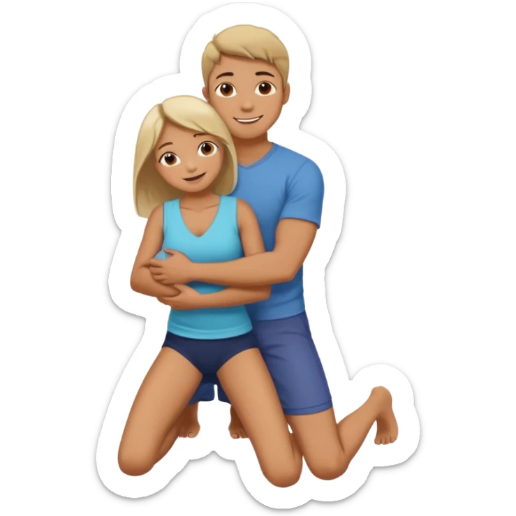 A kneeling male is holding female who’s wrapped around them—arms around the neck and legs around the waist—in a tight embrace. sticker