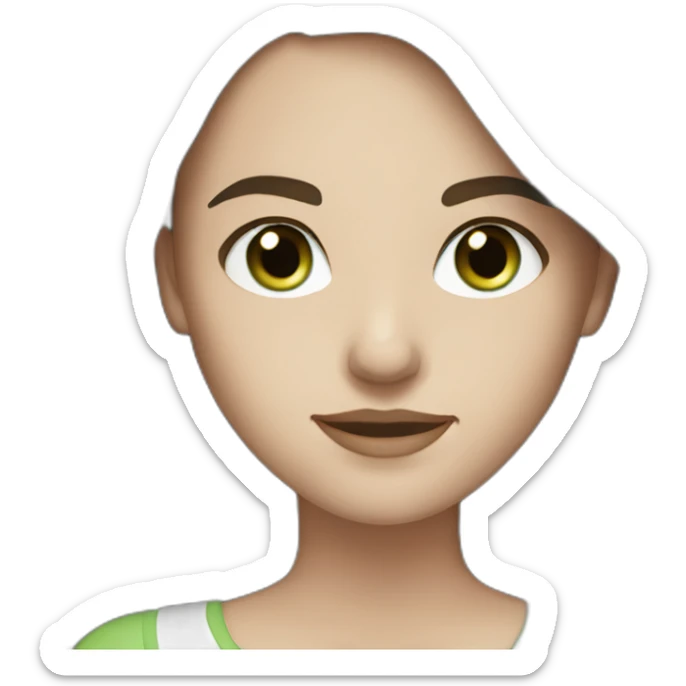White woman who wears black, has dark brown long hair, light green eyes and freckles sticker