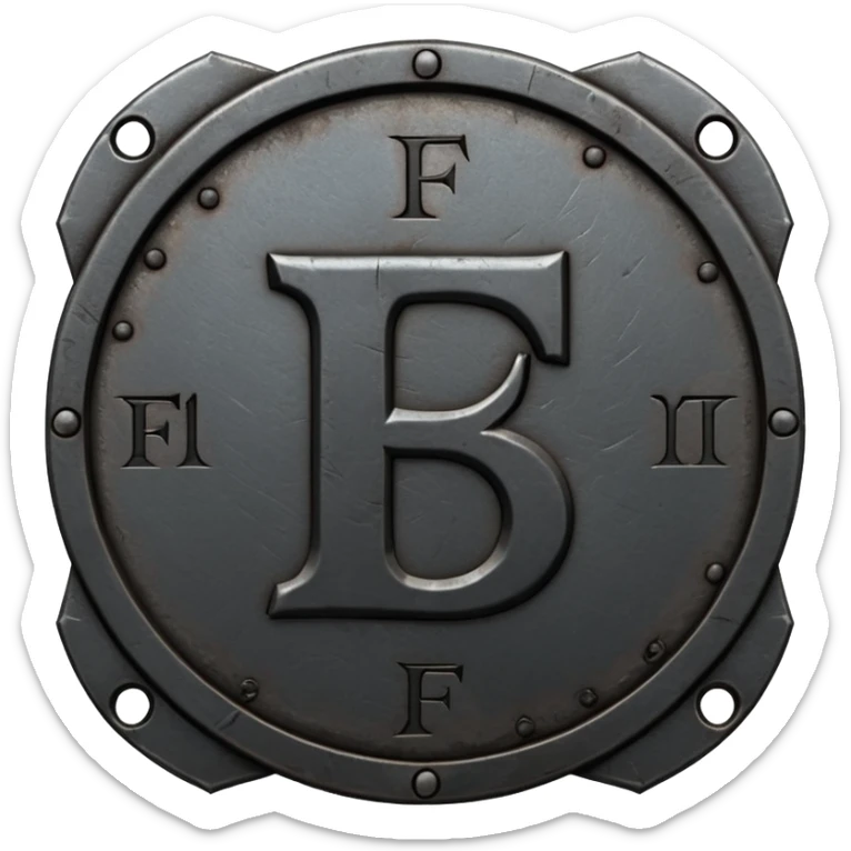 Minimal emoji, gothic metal coin made of black steel, engraved number f at the center, ancient industrial aesthetic, worn metal texture, no glow, no neon, flat emoji design, centered, transparent background sticker