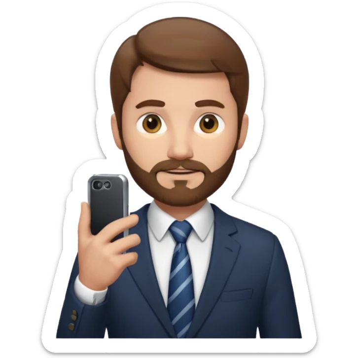 Un hombre con un poco de barba,  de traje con tez clara pelo color castaño, vestido con traje camisa y corbata y celular en mano .  sticker