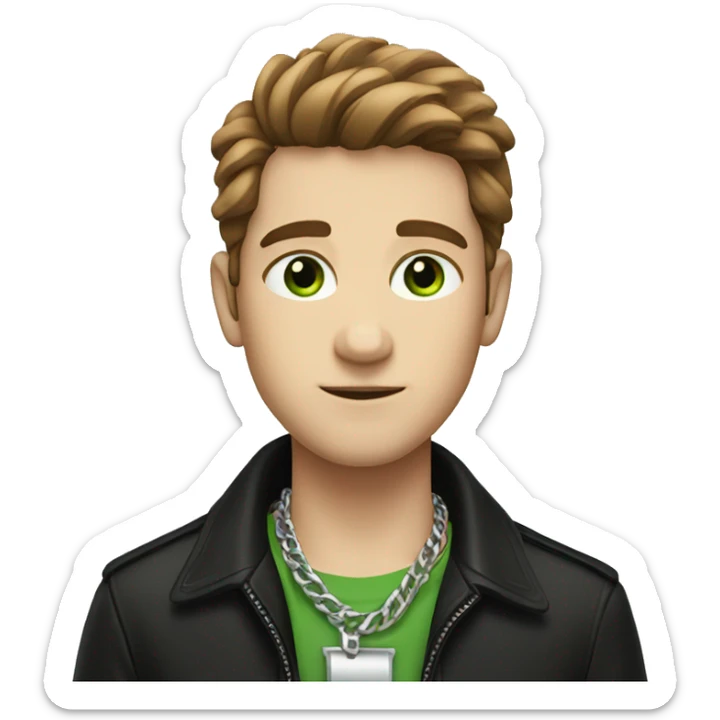 Brown luscious hair for a boy with a black jacket and silver chain across neck, green eyes sticker