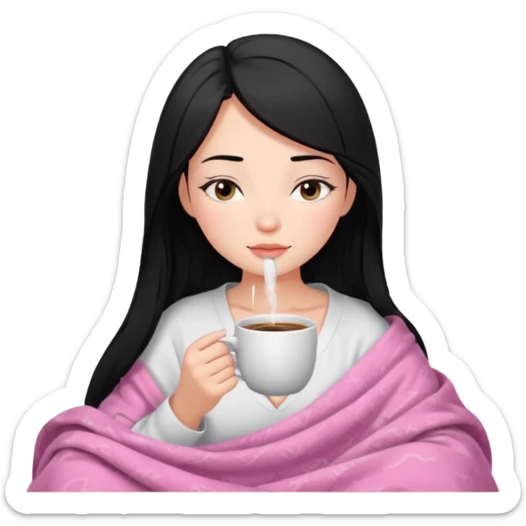 black haired girl inside a pink blanket sipping coffee with eyes closed and lashes sticker