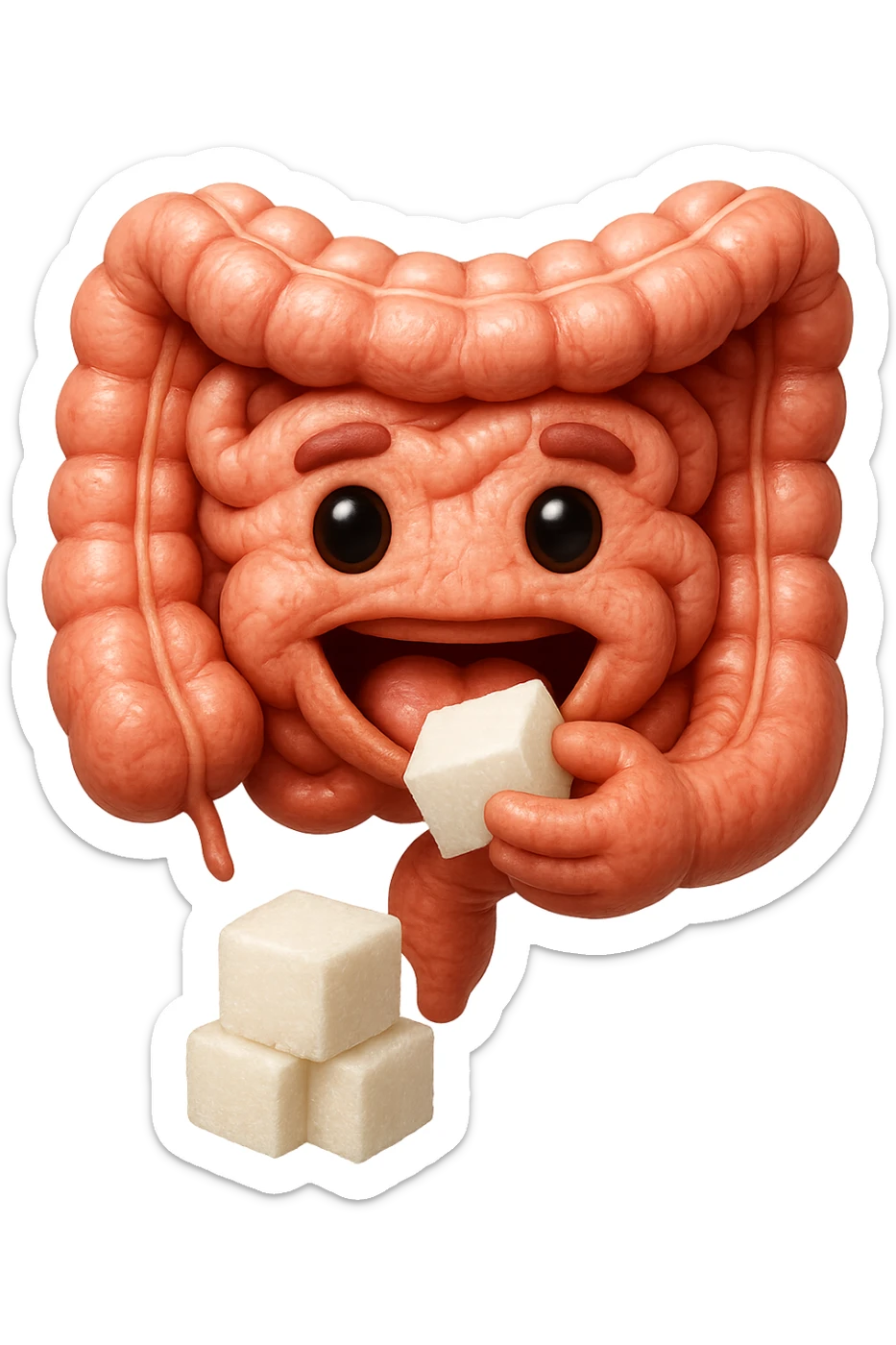 emoji stile iphone di un intestino anatomico che mangia zollette di zucchero, iperrealistico 4k, isolato su sfondo bianco sticker