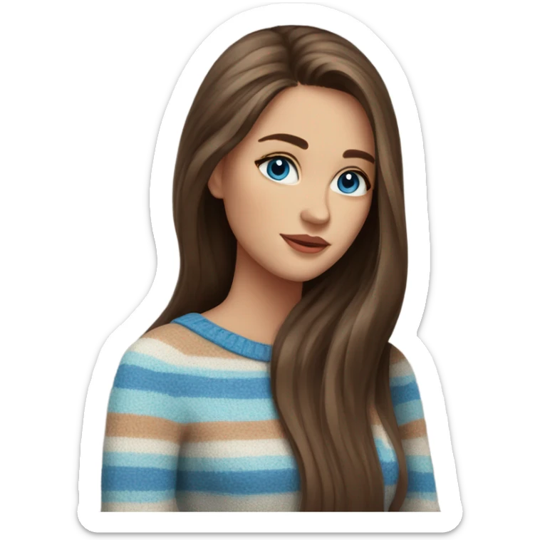 beautiful woman, long straight brown hair, blue eyes, striped knit sweater sticker
