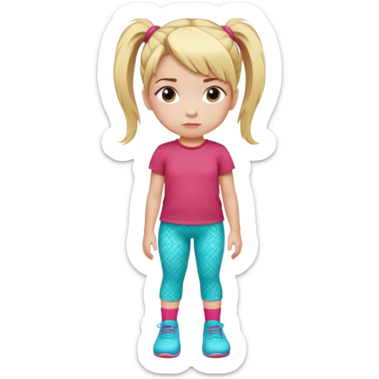 Little girl with blonde hair in ponytail with pink hair tie, wearing red t-shirt and turquoise patterned pants, light socks, serious facial expression sticker
