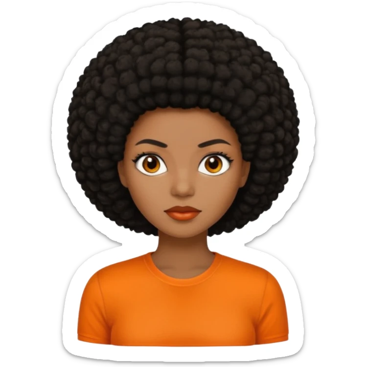 black afro hair in nonsmiling woman with orange shirt sticker