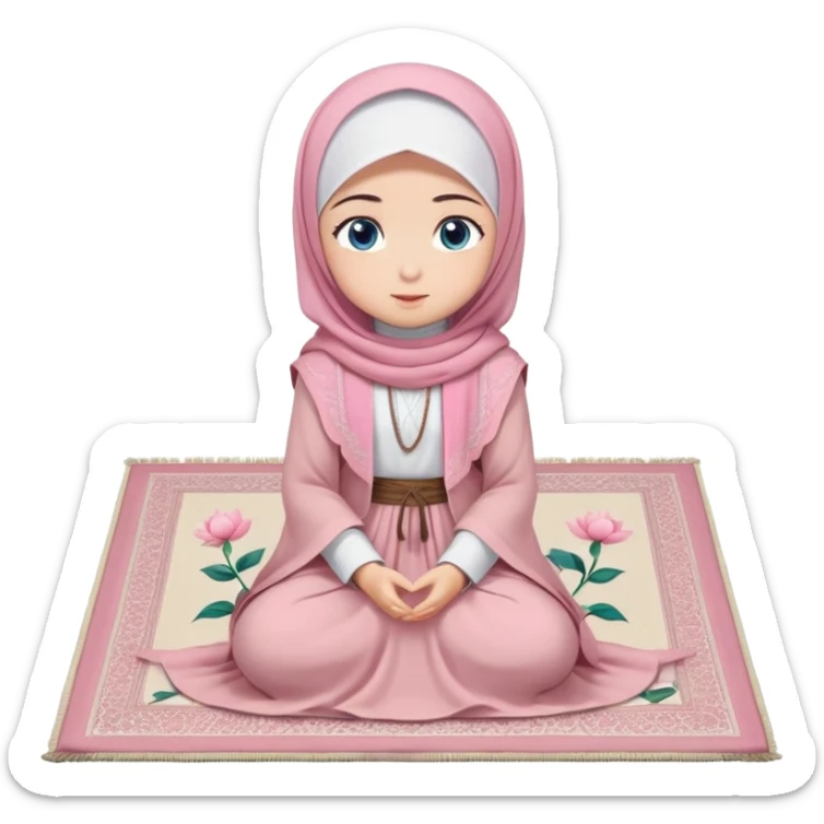 Turkish beautiful finish Konya muslim girl blue eyes with powder pink color flower hijab long tail dress and sits on the pray mat namaz on the ground with dua  sticker